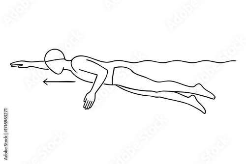 Minimalist black and white line art illustration of an advanced swimmer in perfect freestyle streamline position, body straight, head aligned, efficient arm pull, faceless outline drawing, educational