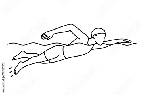 Minimalist black and white line art illustration of a swimmer performing full freestyle stroke, synchronized arm pull, flutter kick, and side breathing, faceless educational diagram, simple outline st