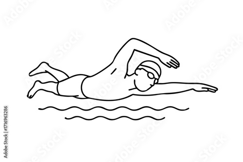 Minimalist black and white line art illustration of a swimmer performing full freestyle stroke, synchronized arm pull, flutter kick, and side breathing, faceless educational diagram, simple outline st