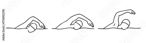 Minimalist black and white line art illustration of freestyle arm movement, swimmer shown in three sequential positions: arm entry, underwater pull, and recovery over water, faceless line style, clean
