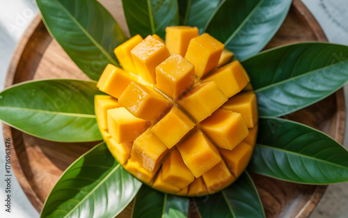 Fresh Ripe Mango Cubes on Wooden Plate with Green Leaves