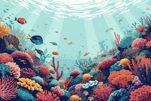 A vector illustration of a vibrant coral reef underwater with colorful fish and corals, using solid colors and a white background