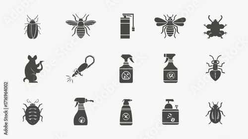 Pest control icons set insects and spray bottles.