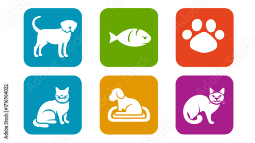 Pets icons dog cat fish paw animals domestic.