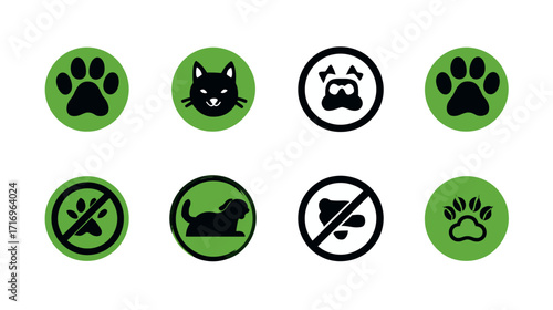 Pet paw prints cat dog icons symbols set.