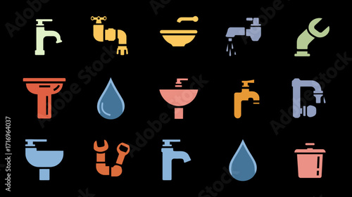 Plumbing icons set faucet sink pipe wrench water drop.