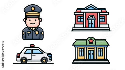 Police officer, police car, courthouse icons.