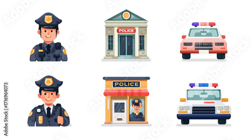 Police officer, police station, police car illustrations.