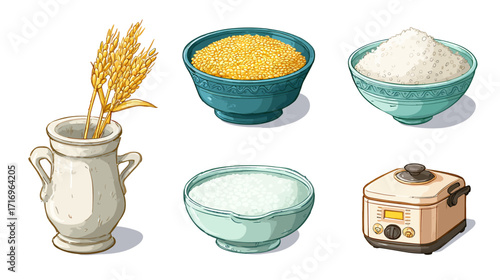 Rice wheat grains flour milk cooking appliance.