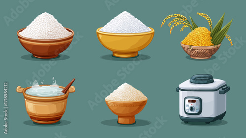 Rice preparation cooking ingredients bowls tools.