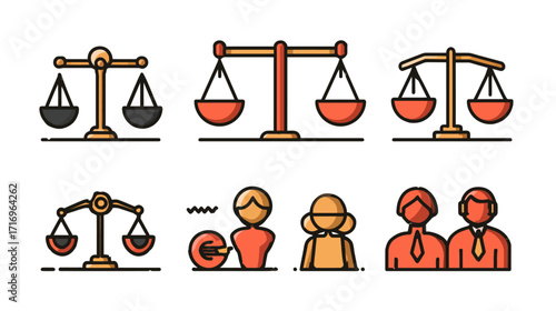Scales of Justice Icons and Legal Professionals.