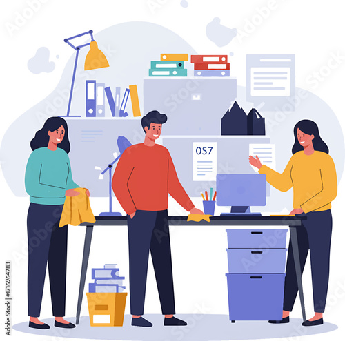 Three Cartoon People Cleaning a Desk in an Office Setting.