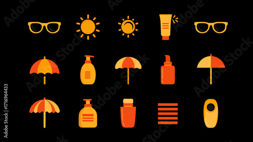 Summer essentials icons set sun protection umbrella sunglasses lotion.