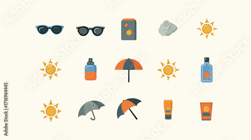 Summer essentials icons set sun umbrella sunglasses sunscreen.