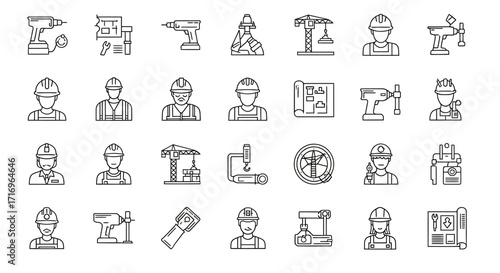 Set of construction and engineering icons in line style.