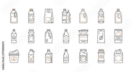 A collection of line art icons depicting various types of food and beverage packaging, including bottles, jugs, cartons, and tubs for groceries.