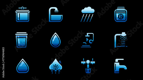 Water Icons - Collection of Blue Water Symbols.