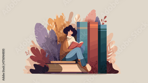 Woman Reading Book Surrounded by Books.