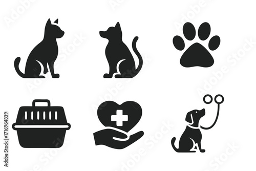 Vector icon collection depicting pets, veterinary care, and pet accessories in a simple flat design suitable for various applications 

