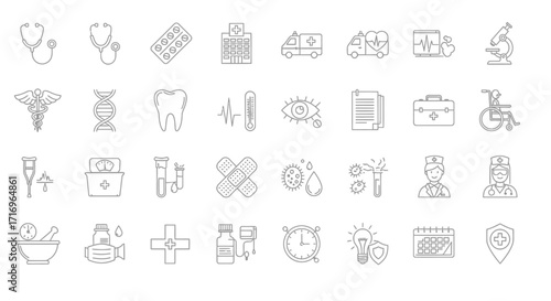 A collection of medical and healthcare line icons on a white background, representing various health-related concepts.