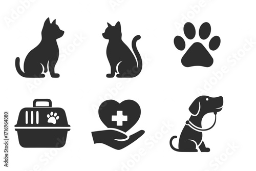 Vector icon collection depicting pets, veterinary care, and pet accessories in a simple flat design suitable for various applications 
