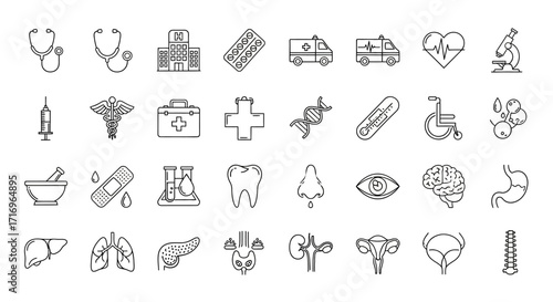 A comprehensive collection of medical and healthcare-related icons, featuring instruments, organs, and facilities.