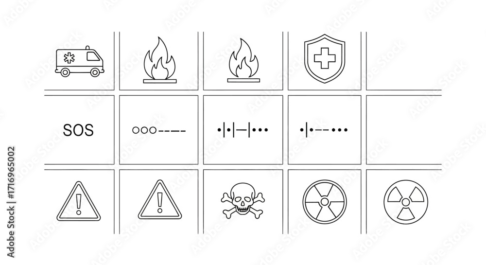 Fototapeta premium A grid of various warning and informational symbols, including an ambulance, fire, medical cross, SOS, radiation, and skull and crossbones.