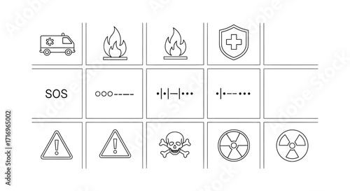 A grid of various warning and informational symbols, including an ambulance, fire, medical cross, SOS, radiation, and skull and crossbones.