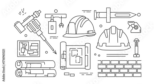 Construction tools, blueprints, and safety helmets.