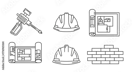 Construction tools and blueprints, including a sealant gun, hard hat, and architectural plans.