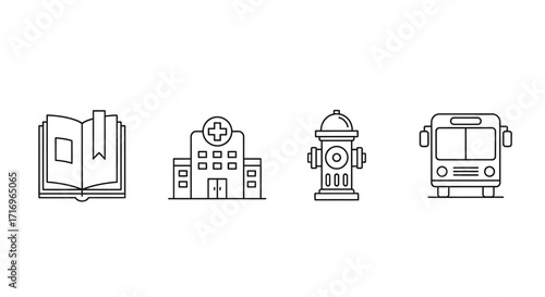 Line art icons of book, hospital, fire hydrant, and school bus.