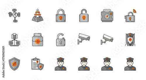 A collection of security and protection-themed icons, including locks, cameras, shields, and security guards.