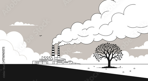 A stark black and white illustration showing a factory with smokestacks polluting the sky next to a lone, bare tree in a desolate landscape.