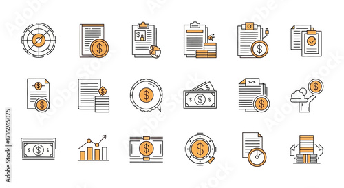 Collection of financial icons, representing various aspects of business and money management.
