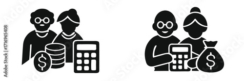 Senior couple retirement planning glyph icon set with calculator and money symbols for financial savings and investment 
