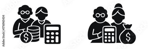 Senior couple retirement planning glyph icon set with calculator and money symbols for financial savings and investment 
