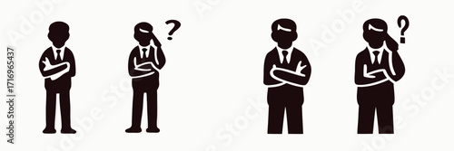 Set of black silhouette icons depicting a businessman in various poses of thinking, questioning, and contemplation with a question mark symbol for business concepts