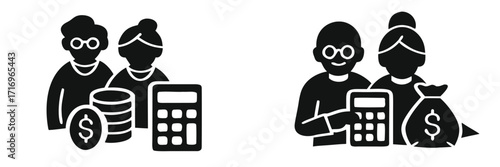 Senior couple retirement planning glyph icon set with calculator and money symbols for financial savings and investment 
