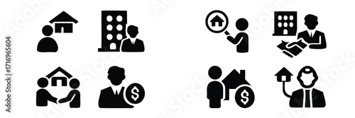 Real estate agent and property investment icon set showing house searching, buying, selling, and closing a deal with a broker 
