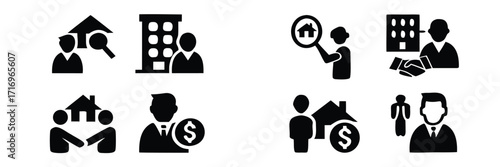 Real estate agent and property investment icon set showing house searching, buying, selling, and closing a deal with a broker 
