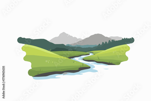 A vector illustration of a mountain valley with green meadows and a clear stream, using solid colors and a white background