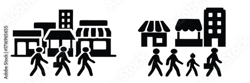 Set of black silhouette icons depicting people walking on a city street past shops and buildings, representing urban life and pedestrians 