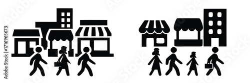 Set of black silhouette icons depicting people walking on a city street past shops and buildings, representing urban life and pedestrians 