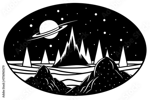 Vector art of black and white alien landscape with planet