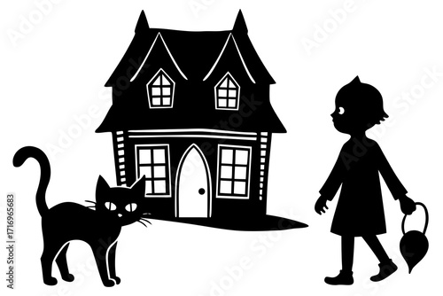 Vector art of silhouette of a child with cat in front of haunted house isolated on white