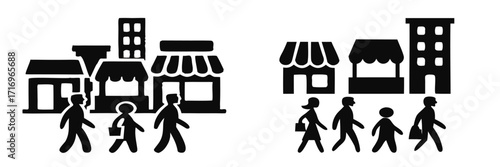 Set of black silhouette icons depicting people walking on a city street past shops and buildings, representing urban life and pedestrians 