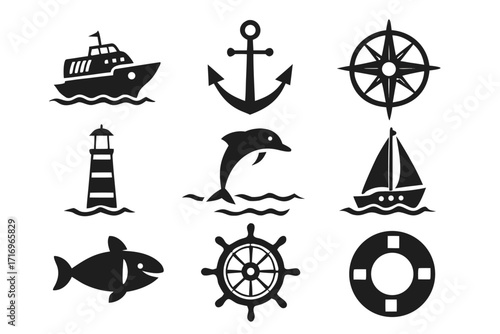 Collection of nautical vector icons featuring a ship, anchor, compass, lighthouse, dolphin, sailboat, fish, wheel, and life preserver 