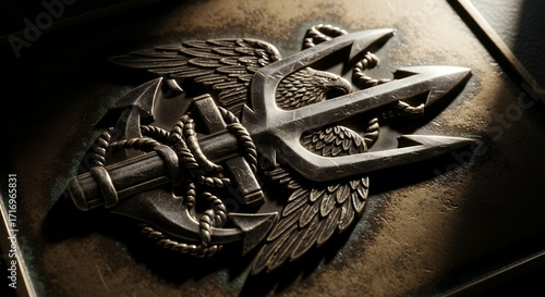 Bronze Naval Emblem with Anchor Trident and Eagle on Textured Metal Surface