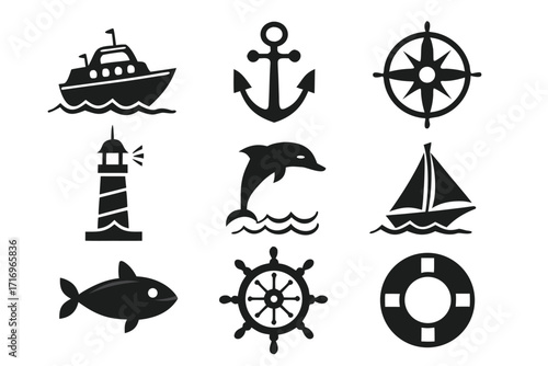 Collection of nautical vector icons featuring a ship, anchor, compass, lighthouse, dolphin, sailboat, fish, wheel, and life preserver 