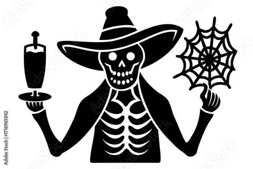 Vector art of skeleton in a hat holding a drink and spider web